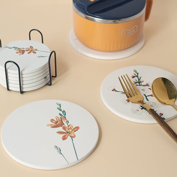 Coasters Dekkeunderlag Varmebestandige vannabsorberende pads med Coaster Holder elegant flower 6-Pack