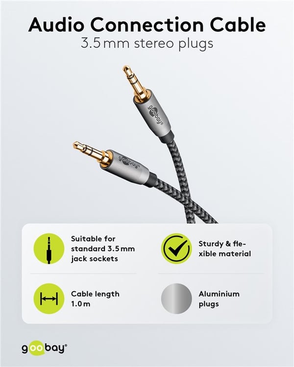 Lydtilkoblingskabel AUX, 3,5 mm stereo, 1 m