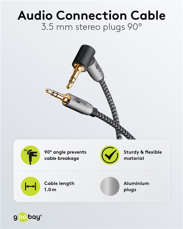 Lydtilkoblingskabel AUX, 3,5 mm stereo, 90°, 1 m