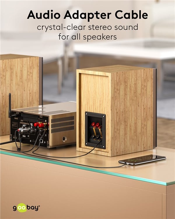 Lydadapterkabel AUX, 3,5 mm jack til stereo RCA-kontakt, 2 m