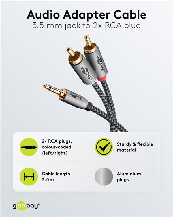 Lydadapterkabel AUX, 3,5 mm jack til stereo RCA-kontakt, 3 m
