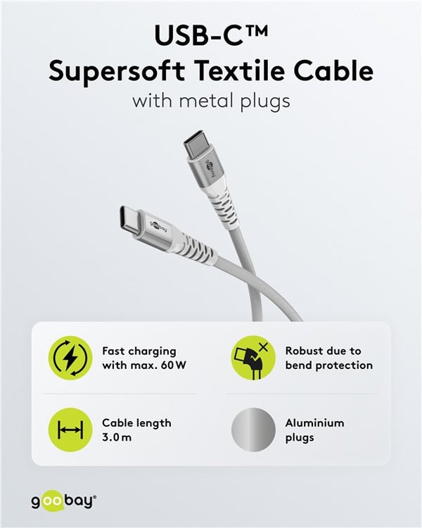 USB-C™ supermyk tekstilkabel med metallkontakter, 3 m, hvit