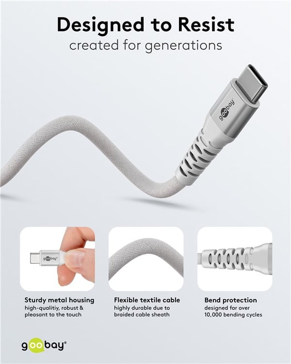 USB-C™ supermyk tekstilkabel med metallkontakter, 1 m, hvit