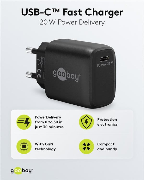 USB-C™ PD GaN hurtigoplader (20 W) sort