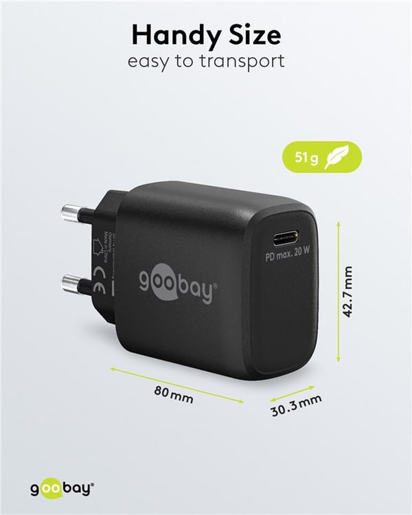 USB-C™ PD GaN hurtigoplader (20 W) sort