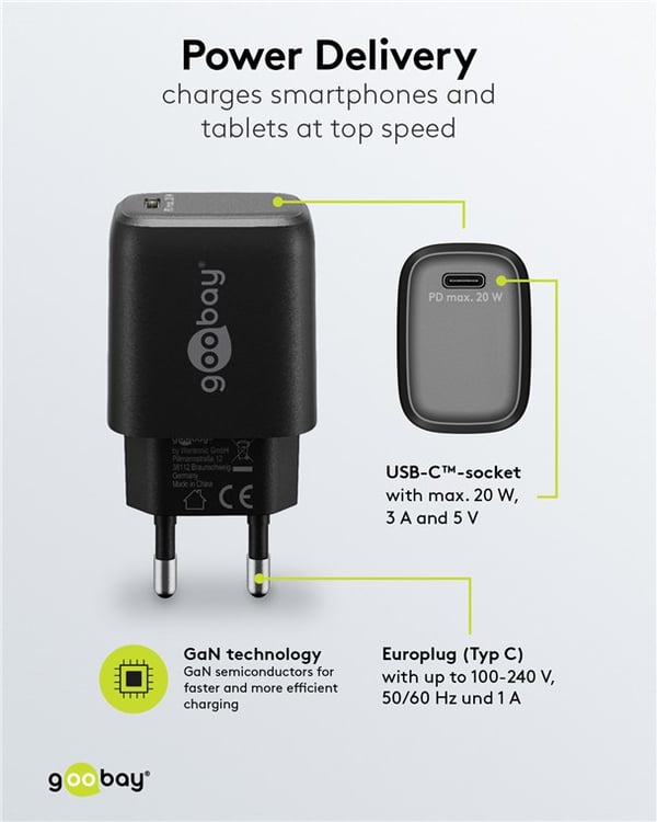 USB-C™ PD GaN hurtigoplader (20 W) sort