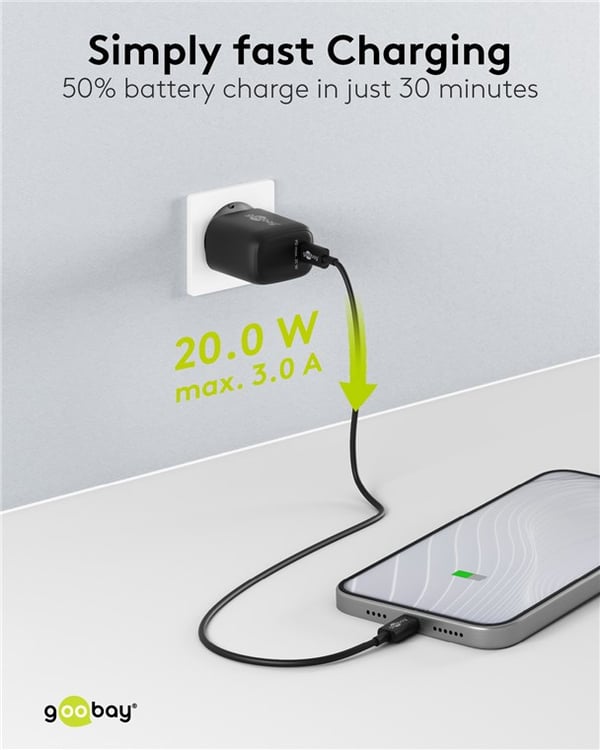 USB-C™ PD GaN hurtigoplader (20 W) sort