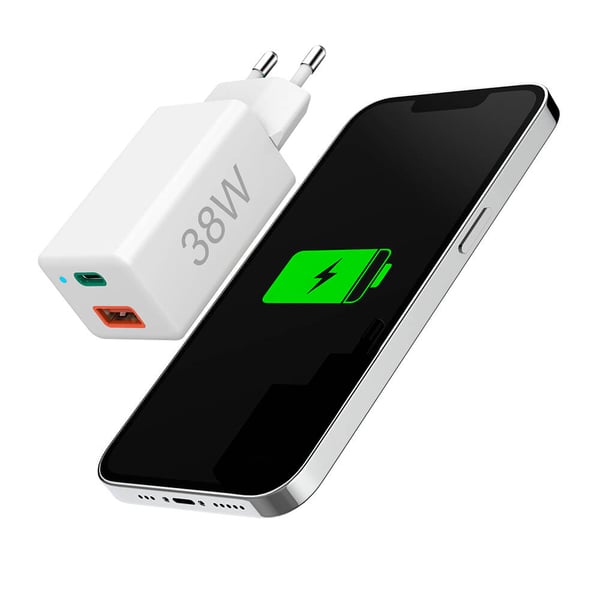 Mini-oplader USB-C + USB-A Qualcomm 3.0 38W Hvid