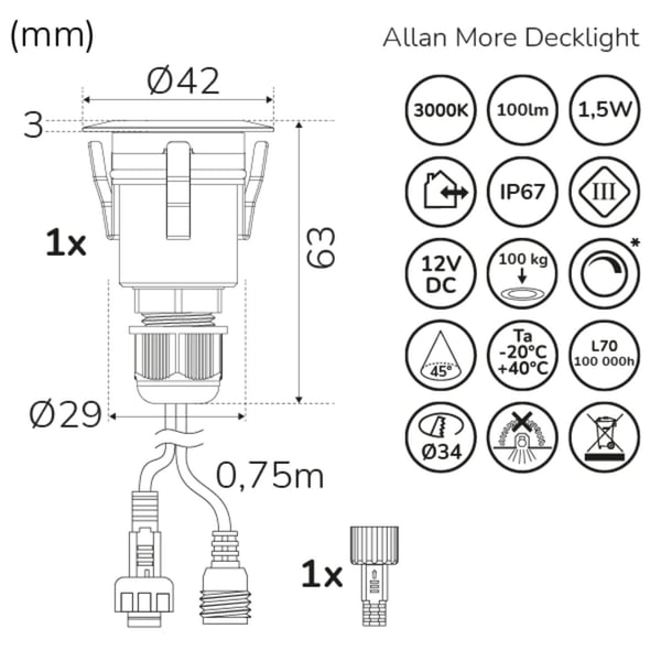 Allan More Decklight 1-pakning 12V 3000K 100lm IP67