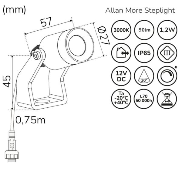 Allan More Spotlight med metallspyd 1-pakning 12V 3000K 100lm IP67