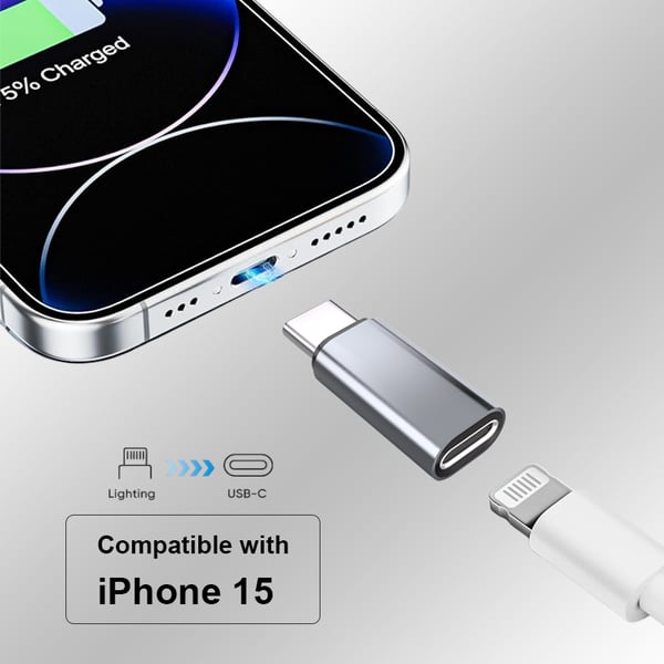 Adapter Lightning (hun) til USB-C (hann), kompatibel med iPhone 15 Grey