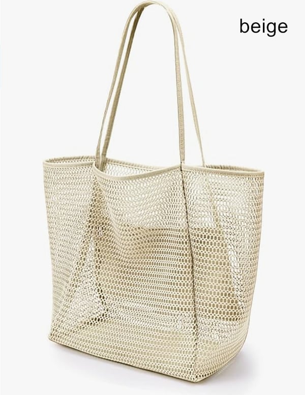 Foldbar strandtaske, mesh-tote-taske til kvinder Beige