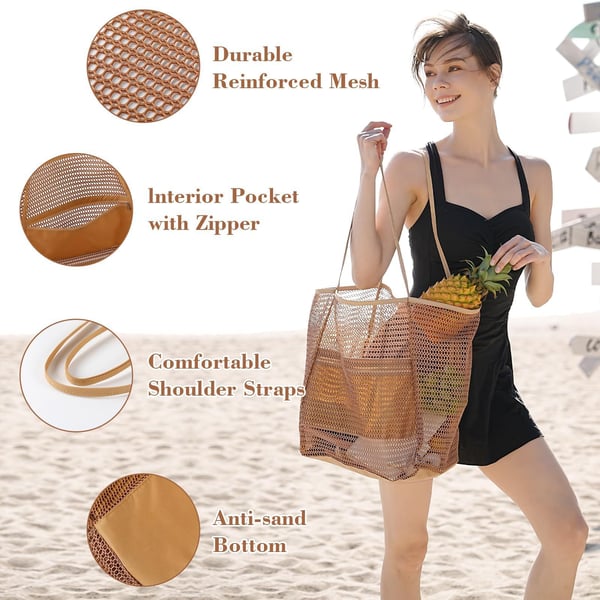 Foldbar strandtaske, mesh-tote-taske til kvinder Beige