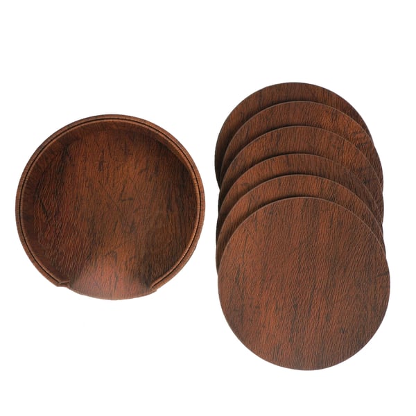 Sett med 6 runde PU-skinnunderlag med holdere Brown