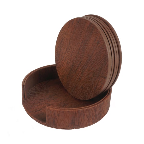 Sett med 6 runde PU-skinnunderlag med holdere Brown