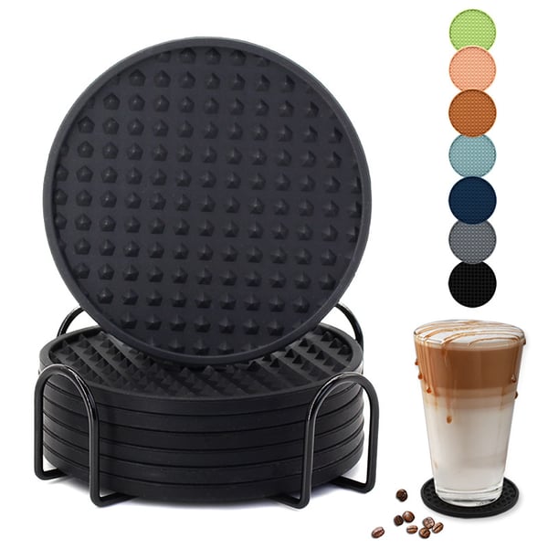 Sett med 6 silikonkaffeunderlegg med holder Black