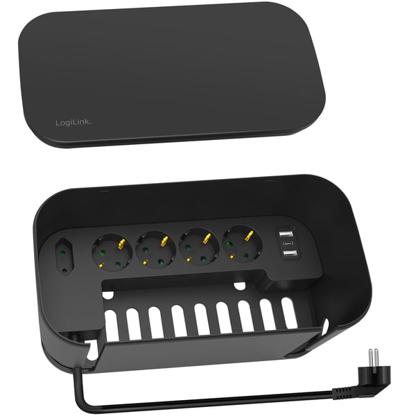 Kabelboks - Kabelskjuler med grenstik + USB-A/USB-C opladning Sort