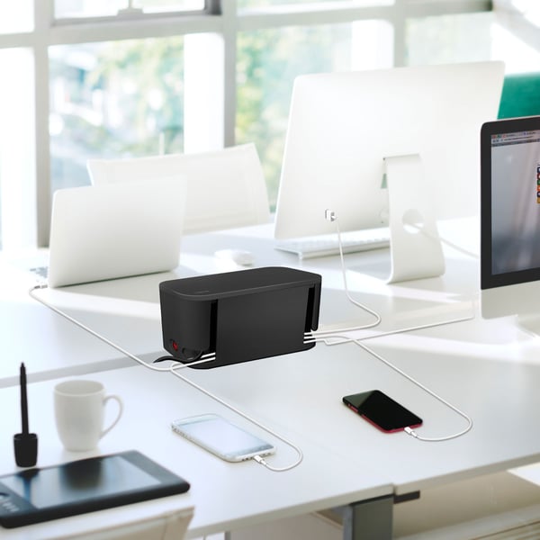 Kabelboks - Kabelskjuler med grenstik + USB-A/USB-C opladning Sort