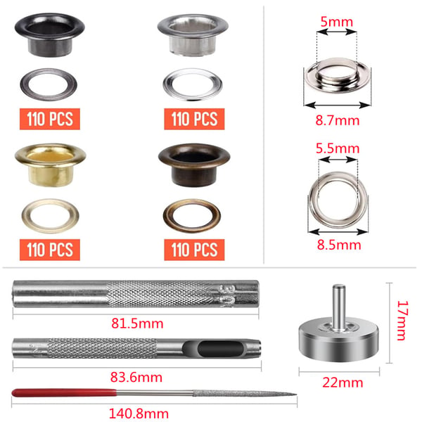 Eyelet Grommet Tool Kit med 440 sett 5 mm metalløyer