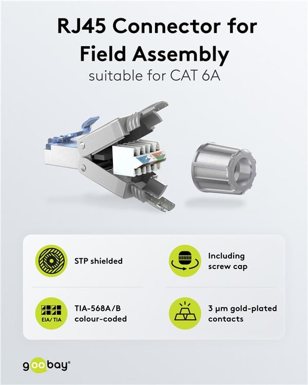 CAT 6A skjermet RJ45-kontakt STP, for verktøyfri montering