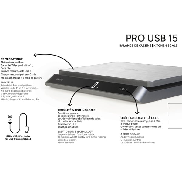 Kjøkkenvekt PRO USB-C 15kg Rustfritt stål IP67