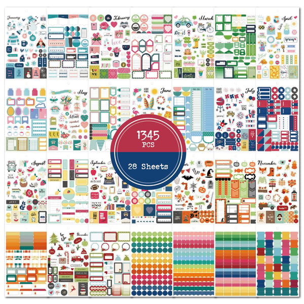 J10 Planner Stickers - 1345 Styck Färgglada Dekorativa Stickers