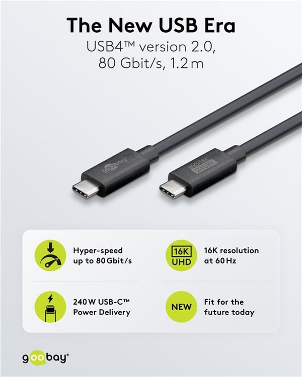 USB-C™-kabel, USB4™ versjon 2.0, 240 W, 80 Gbit/s, strømforsyning, 1,2 m