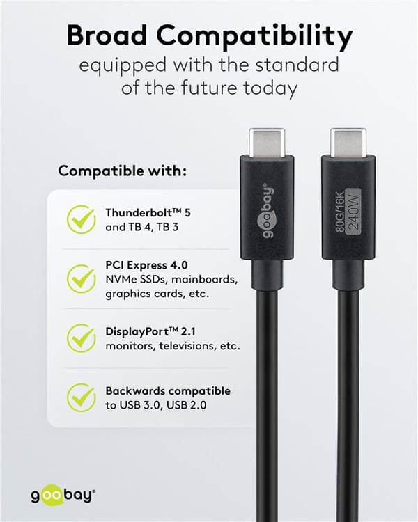 USB-C™-kabel, USB4™ versjon 2.0, 240 W, 80 Gbit/s, strømforsyning, 1,2 m