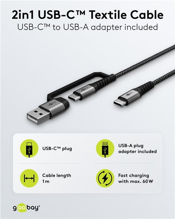 2in1 USB tekstiilikaapeli, avaruusharmaa/hopea, w