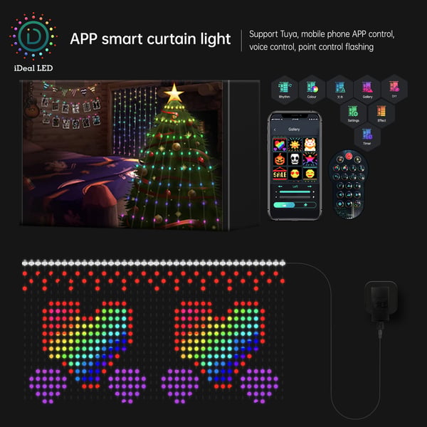 Smart LED-gardinlys, RGB fargerike punktstyrte lærledningslys-USB 160x160x1 cm