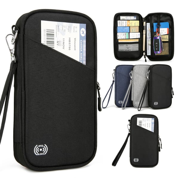 RFID-blokkerende reisepasslommebok og dokumentarrangør Black