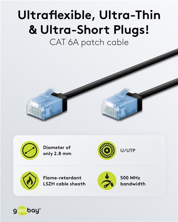 Ultrafleksibel patchkabel CAT 6A, slank, U/UTP, svart