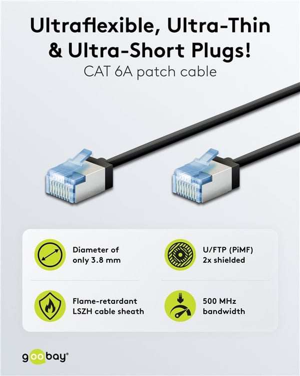 Ultrafleksibel patchkabel CAT 6A, slank, U/FTP, svart