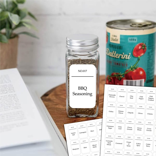Etiketter for krydderkrukker, vanntette, oljebestandige, tåler oppvaskmaskin