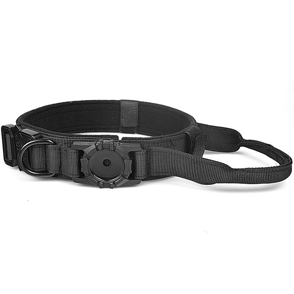 AirTag kompatibelt kæledyrshalsbånd i sort nylon med justerbar størrelse og taktisk design til sikker sporing Black L