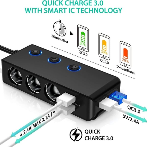 Billader, 3-ports USB-lader med LED-skjerm