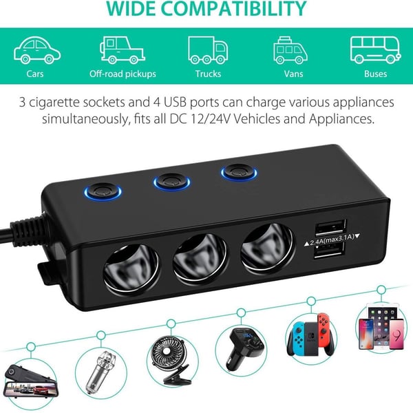 Billader, 3-ports USB-lader med LED-skjerm