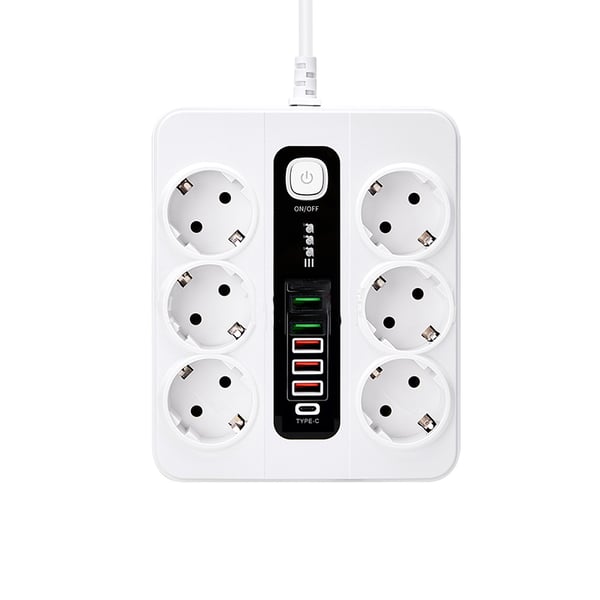 EU 6-kontakter, 5 USB-porter, 1 USB-C-port White