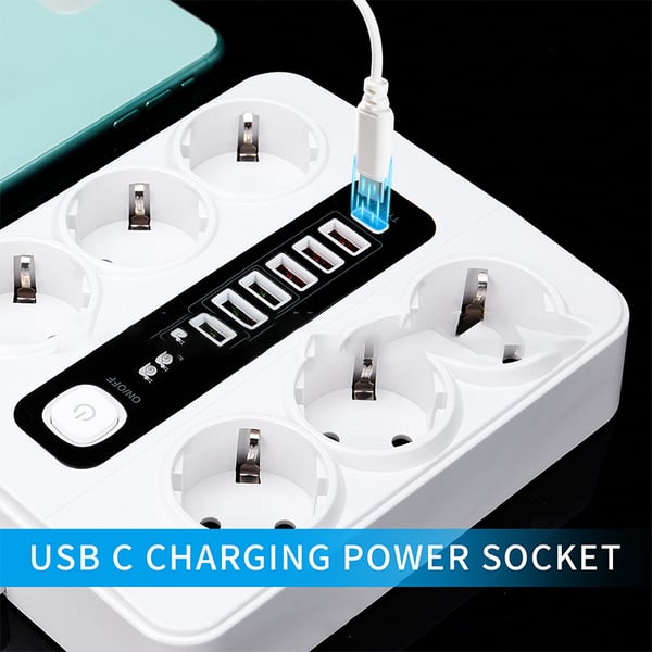 EU 6-kontakter, 5 USB-porter, 1 USB-C-port White