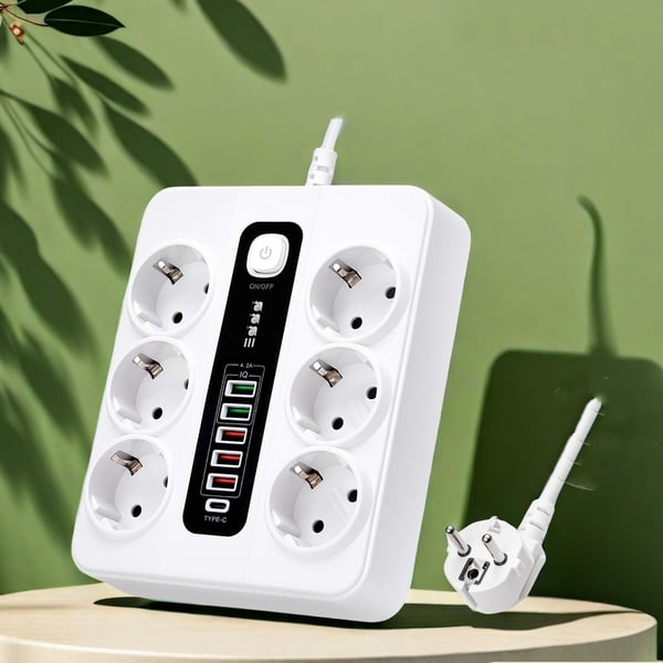 EU 6-kontakter, 5 USB-porter, 1 USB-C-port White