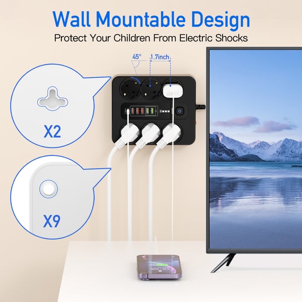 EU 6-kontakter, 5 USB-porter, 1 USB-C-port Black