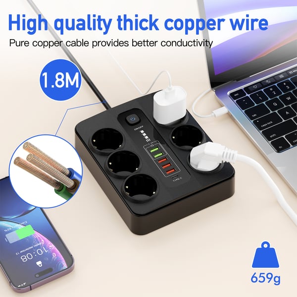 EU 6-kontakter, 5 USB-porter, 1 USB-C-port Black