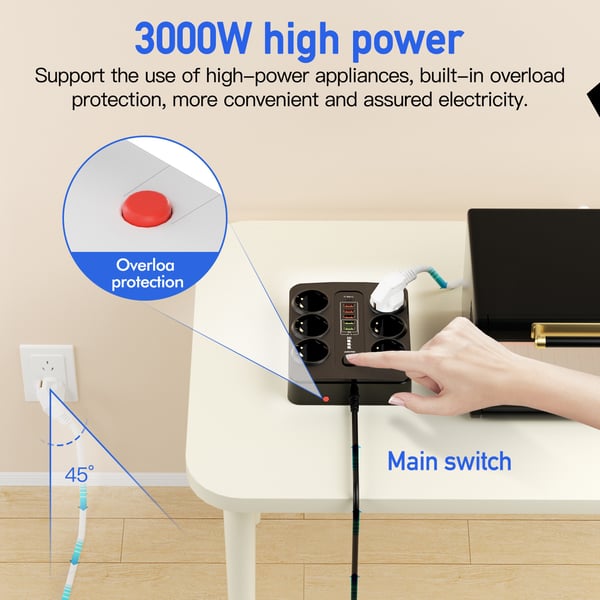 EU 6-kontakter, 5 USB-porter, 1 USB-C-port Black