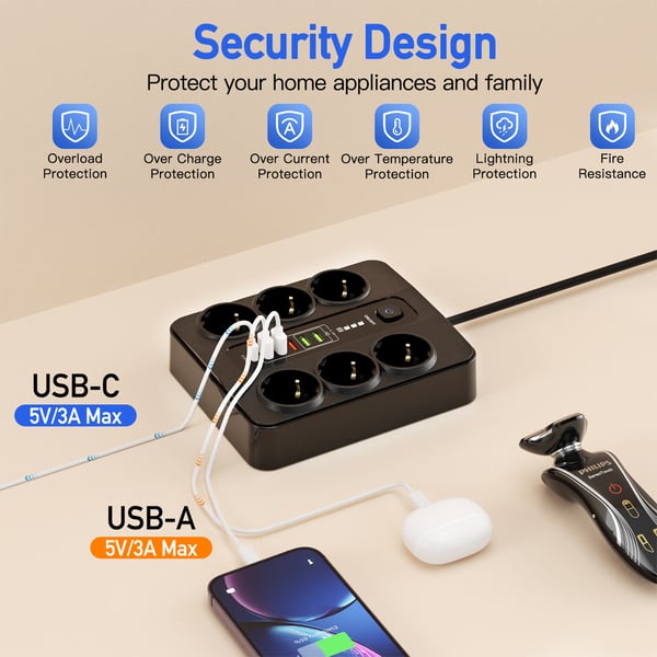 EU 6-kontakter, 5 USB-porter, 1 USB-C-port Black