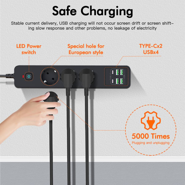 BKL-03 EU-strømskinne med 6 USB-porte Black