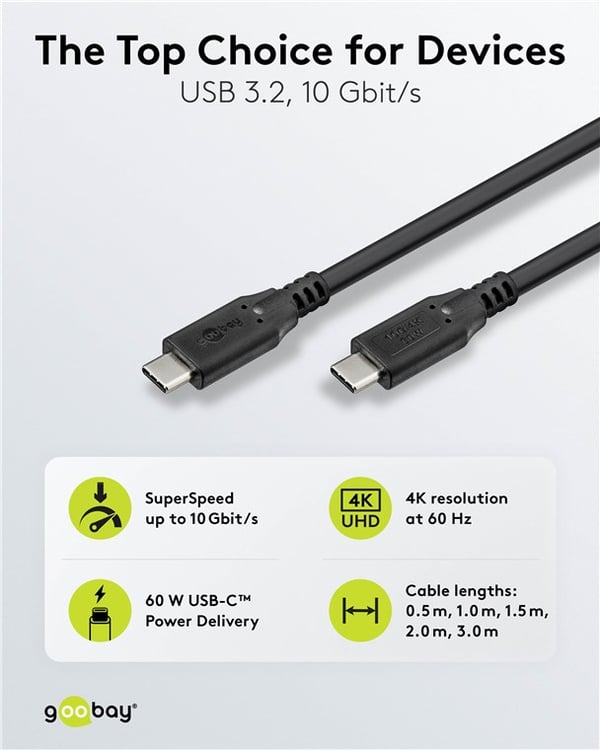 USB-C™-kabel, USB 3.2, 60 W, 10 Gbit/s, strømforsyning, 2 m