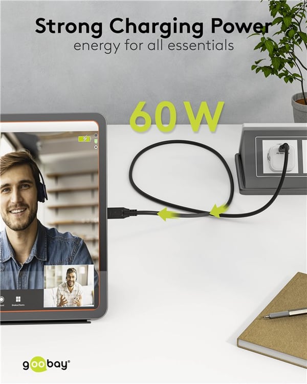 USB-C™-kabel, USB 3.2, 60 W, 10 Gbit/s, strømforsyning, 1 m