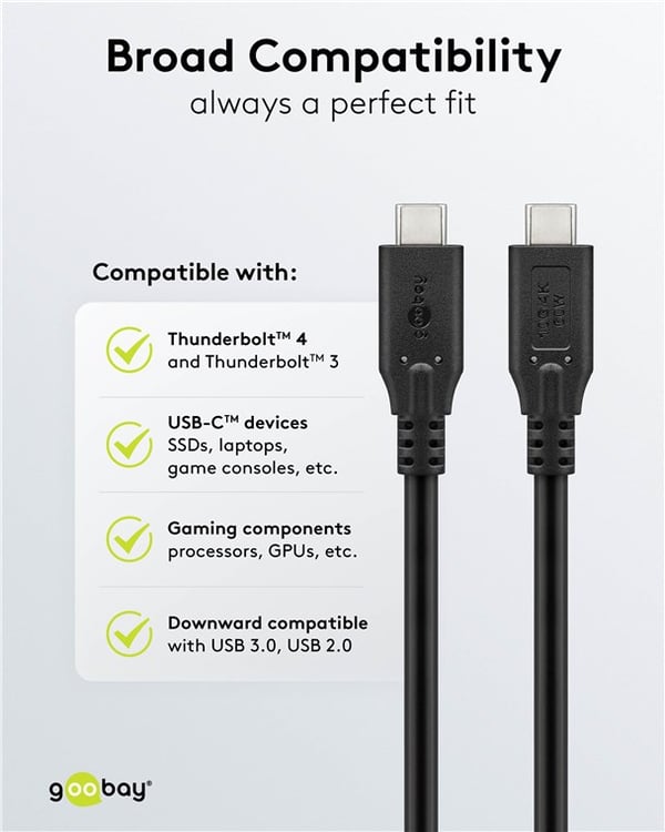 USB-C™-kabel, USB 3.2, 60 W, 10 Gbit/s, strømforsyning, 1 m