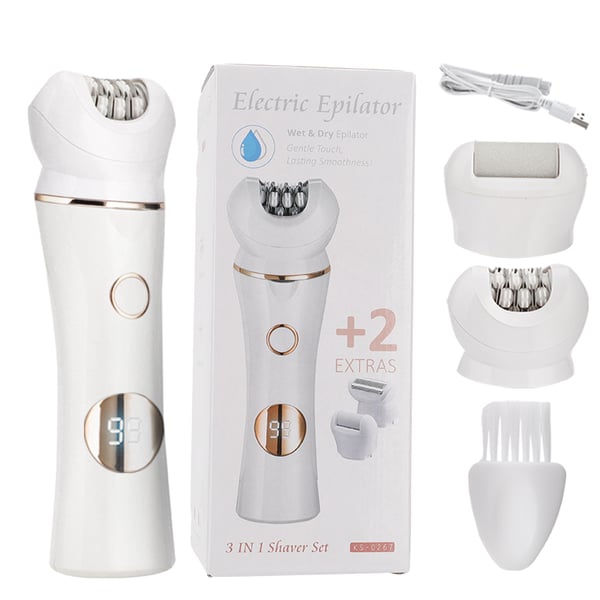 3-i-1-stellpleiesett - barberhøvel, epilator og fotfil White+Gold