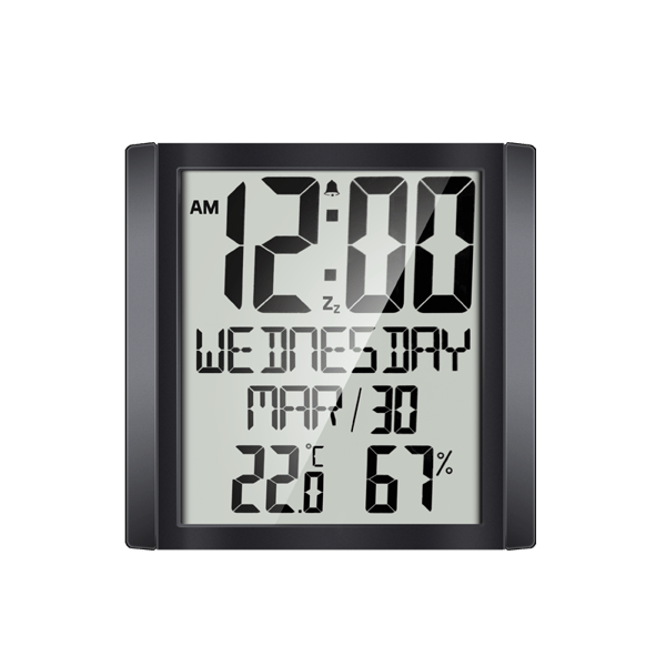 Stor digital veggklokke med dato og temperatur